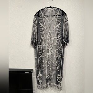Black and white sheer embroidered kimono
